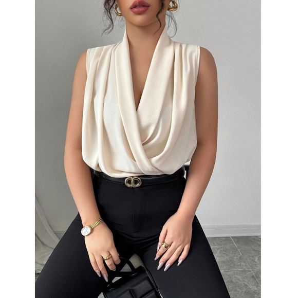 Draped Sleeveless Surplice V-Neck Blouse Top Beige - Picture 2 of 7